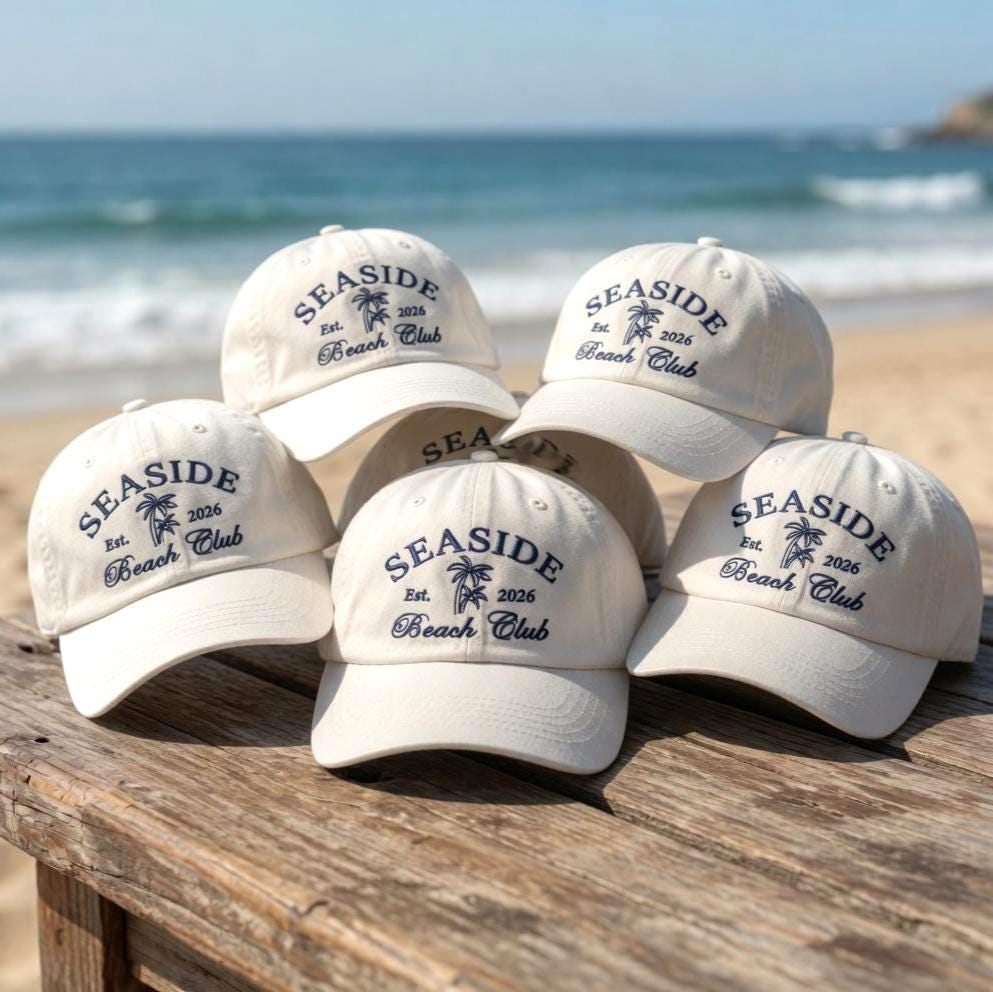 Custom Beach Club Hat, Embroidered Palm Tree Dad Cap, Coastal Aesthetic Baseball Hat, Personalized 2026 Summer Vacation Cruise Gift