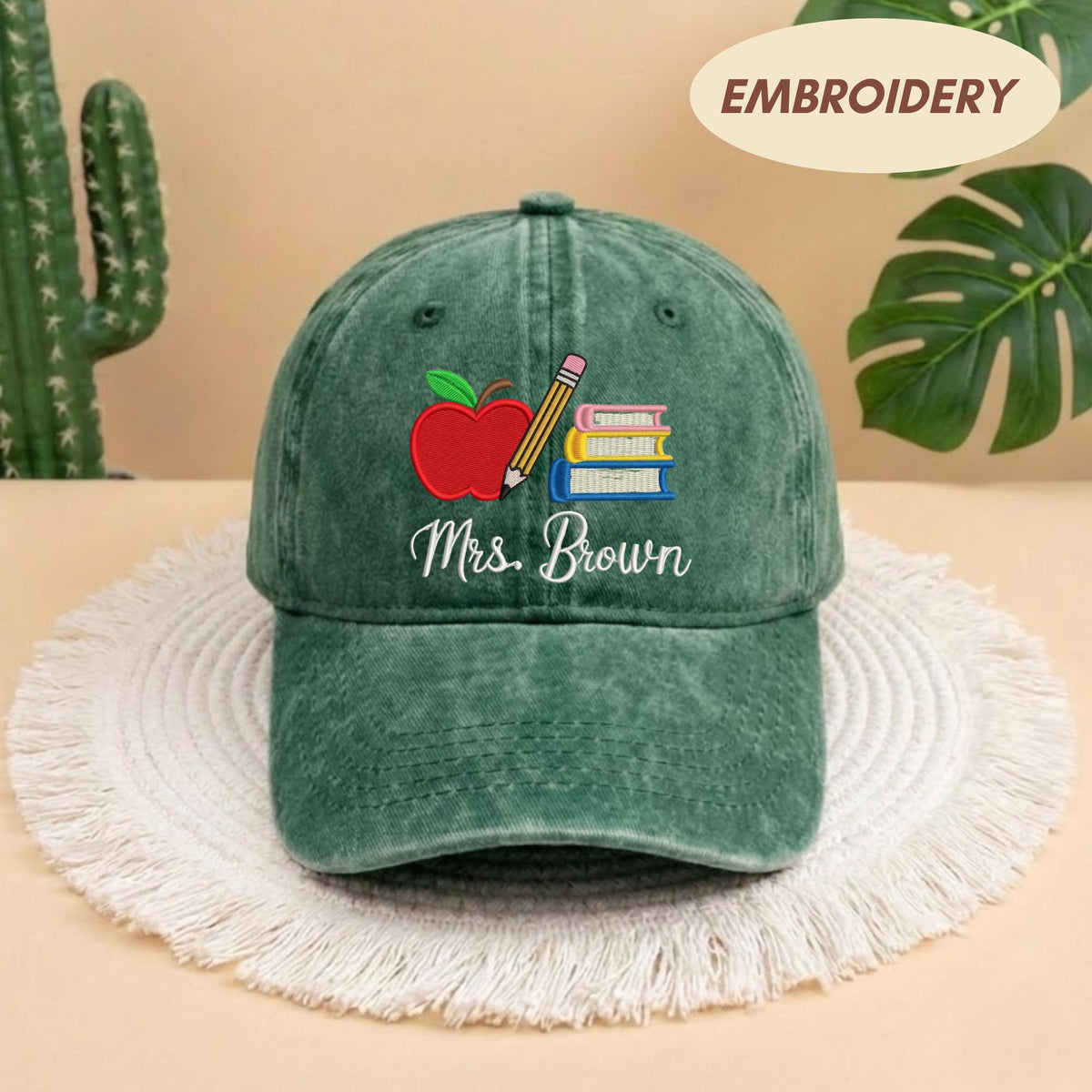 Custom Teacher Name Embroidered Dad Hat - Personalized Apple & Pencil Cotton Baseball Cap