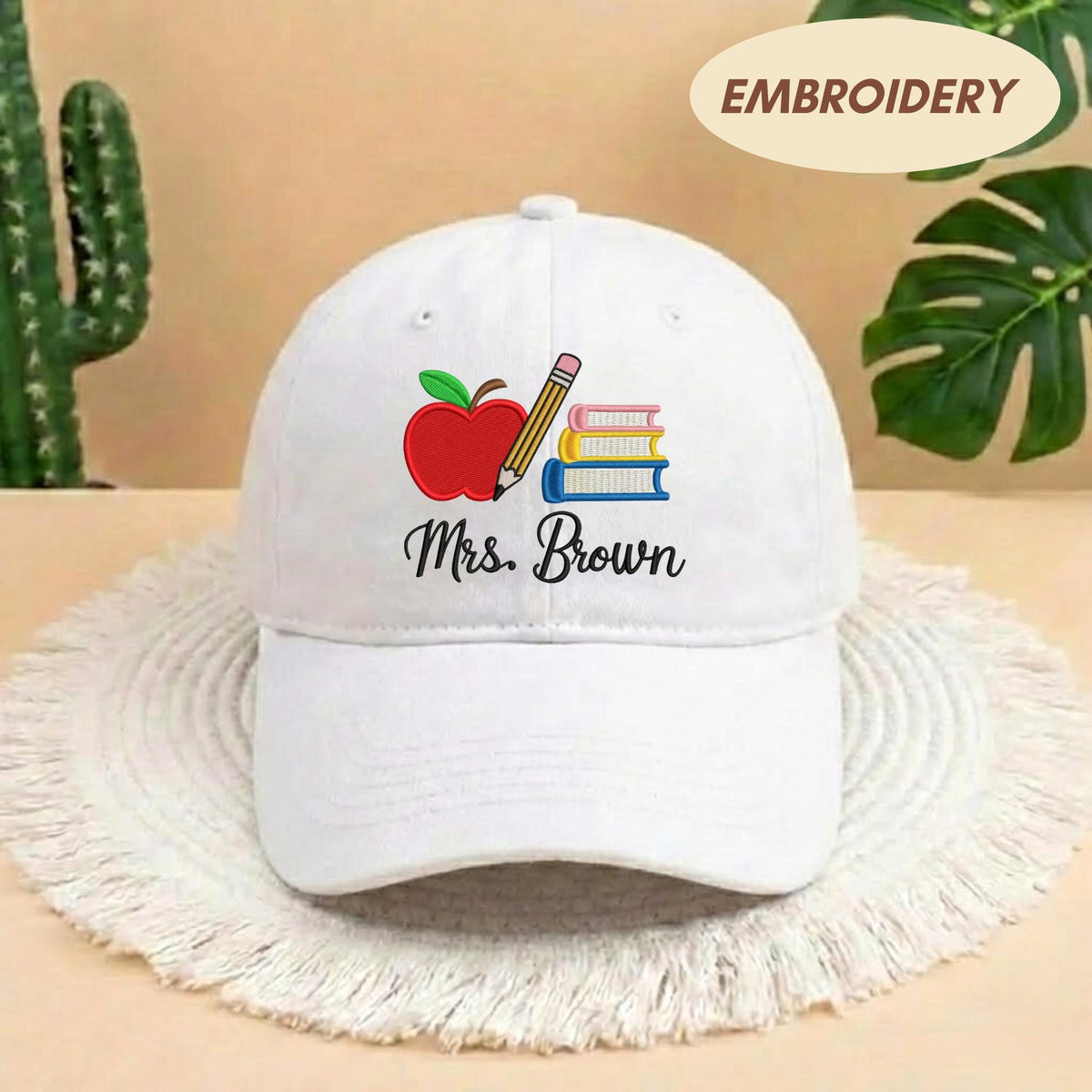 Custom Teacher Name Embroidered Dad Hat - Personalized Apple & Pencil Cotton Baseball Cap