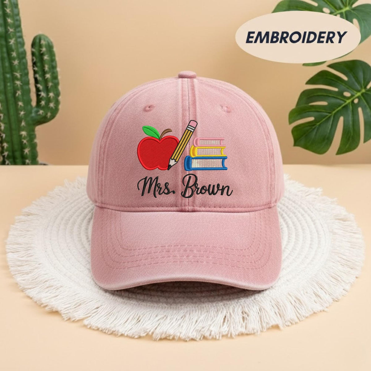 Custom Teacher Name Embroidered Dad Hat - Personalized Apple & Pencil Cotton Baseball Cap