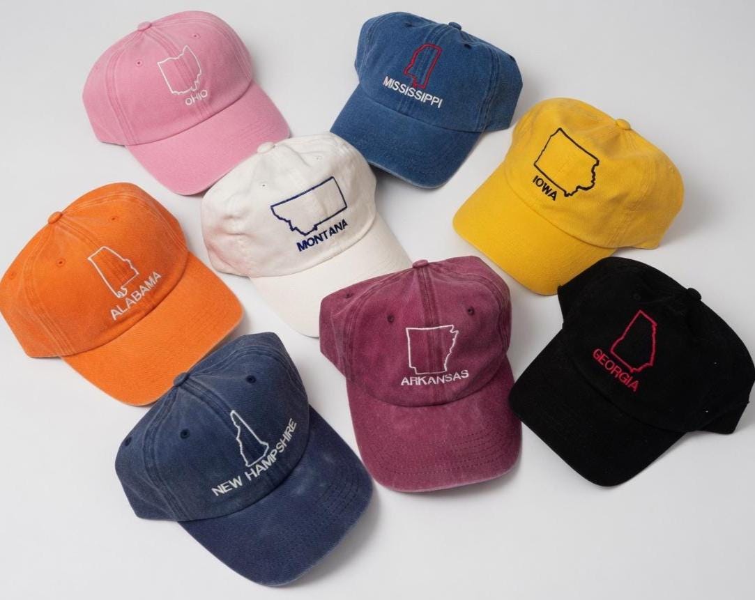Personalized State Map Embroidered Hat, Custom Home State Baseball Cap, Hometown Travel Gift