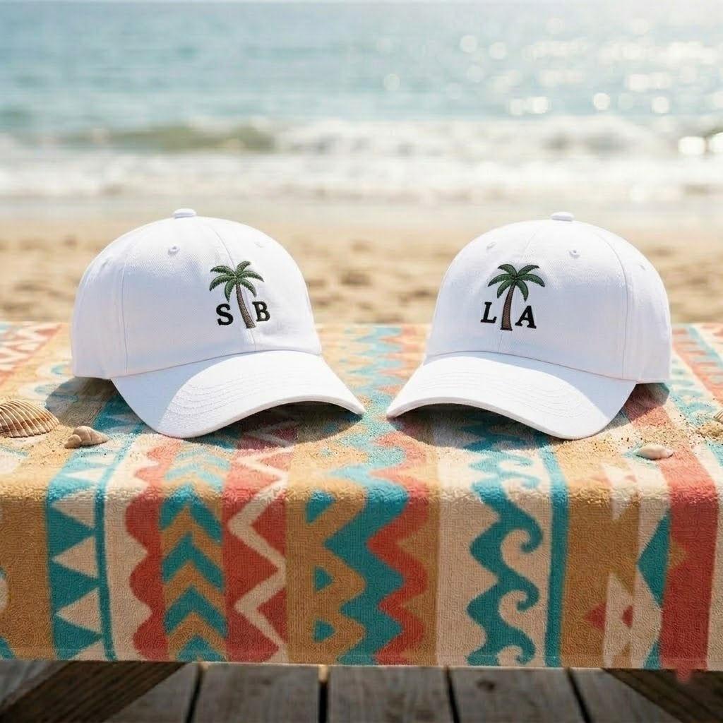 Custom Monogram Hat Personalized Palm Tree Cap Beach Trip Vacation Gift Embroidered White Initial Dad Hat Summer Bachelorette Party Matching