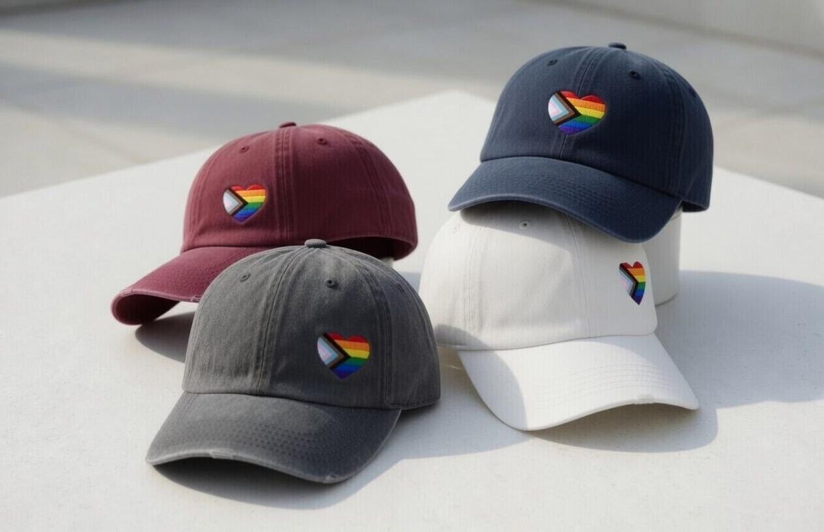 Progress Pride Heart Embroidered Hat, LGBTQ Community Cap, Transgender Inclusion Gift Hat, Tiny Colorful Rainbow Emblem Cap, Ally Pride Cap