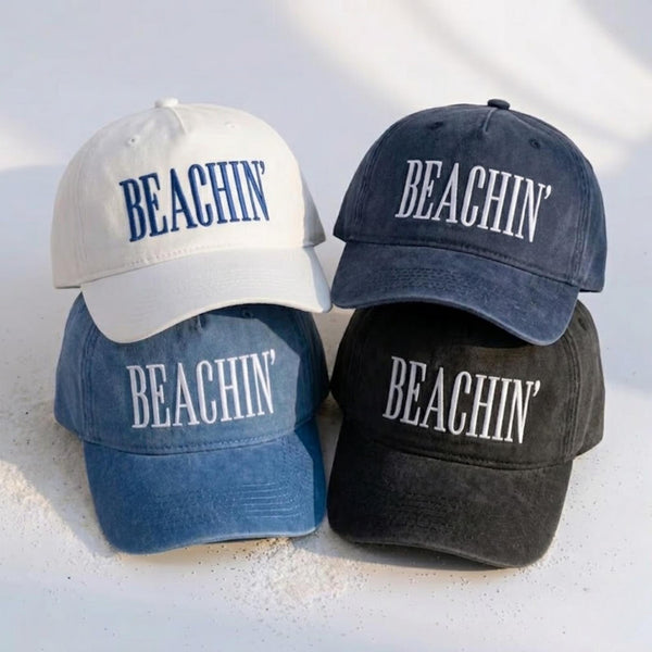 Beachin Embroidered Baseball Cap - Vintage Coastal Ocean Summer Vacation Cotton Dad Hat