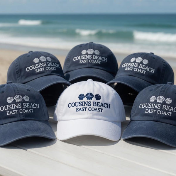 Cousins Beach Vacation Hat, Matching Family Summer Cap, Retro East Coast Group Gifts, Embroidered Seashell Dad Hat, Ocean Travel Party Favor