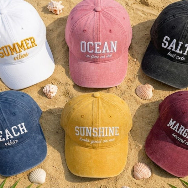 Personalized Beach Icon Embroidered Hat, Custom Coastal Summer Baseball Cap