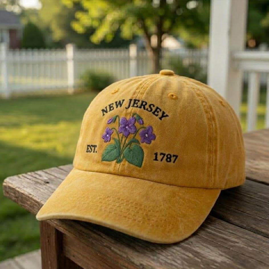 New Jersey Violet Flower Embroidered Hat, Purple Floral Baseball Cap, Garden State Travel Gift