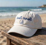 Custom East Coast Hat, Embroidered Sailboat Dad Cap, Personalized Sailing Gift, Coastal Aesthetic Washed Cotton Vacation Sun Hat