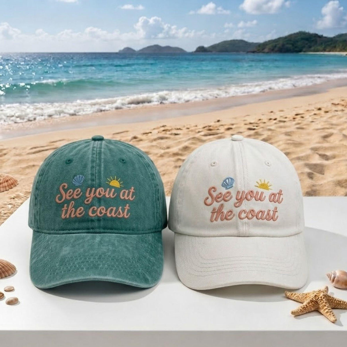 Custom Coastal Text Embroidered Hat, Personalized Beach Baseball Cap, Summer Gift