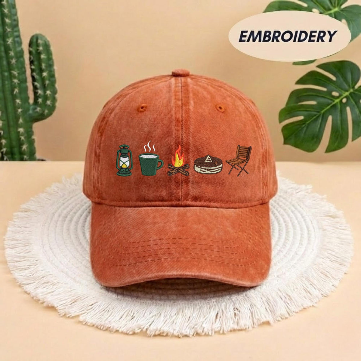 Camping Icon Embroidered Baseball Cap - Outdoor Mountain Wilderness Explorer Cotton Dad Hat