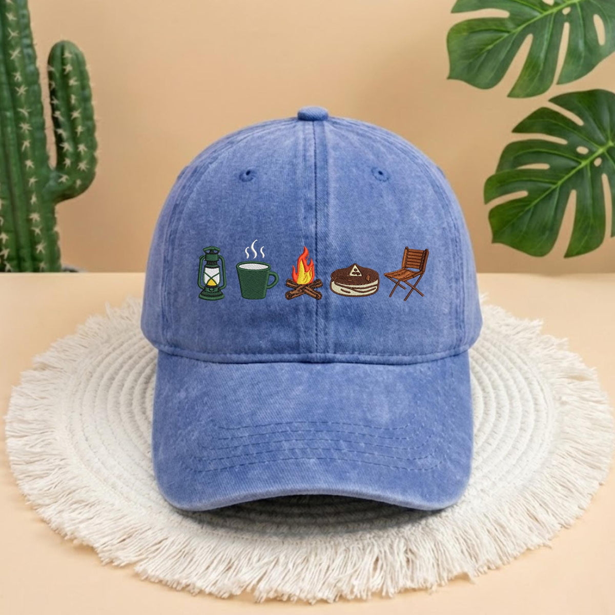 Camping Icon Embroidered Baseball Cap - Outdoor Mountain Wilderness Explorer Cotton Dad Hat