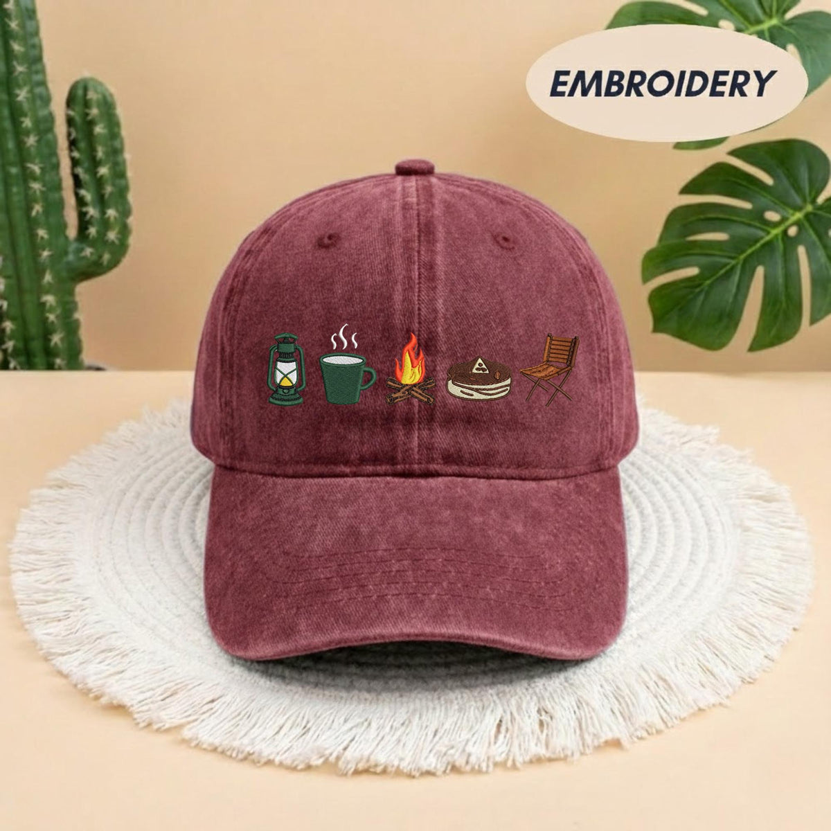 Camping Icon Embroidered Baseball Cap - Outdoor Mountain Wilderness Explorer Cotton Dad Hat