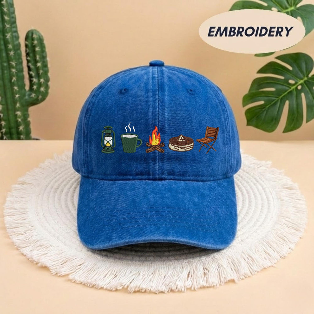 Camping Icon Embroidered Baseball Cap - Outdoor Mountain Wilderness Explorer Cotton Dad Hat