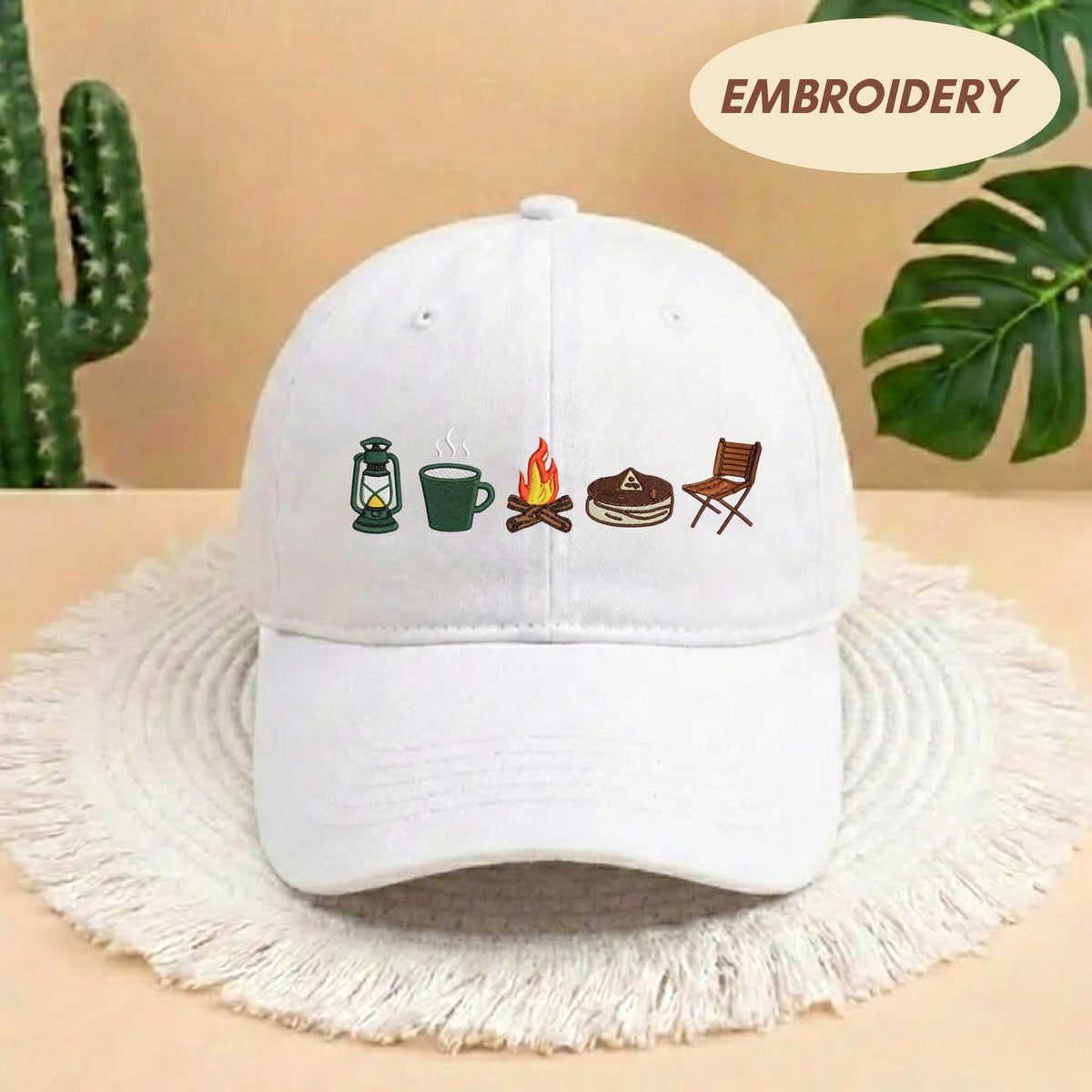 Camping Icon Embroidered Baseball Cap - Outdoor Mountain Wilderness Explorer Cotton Dad Hat