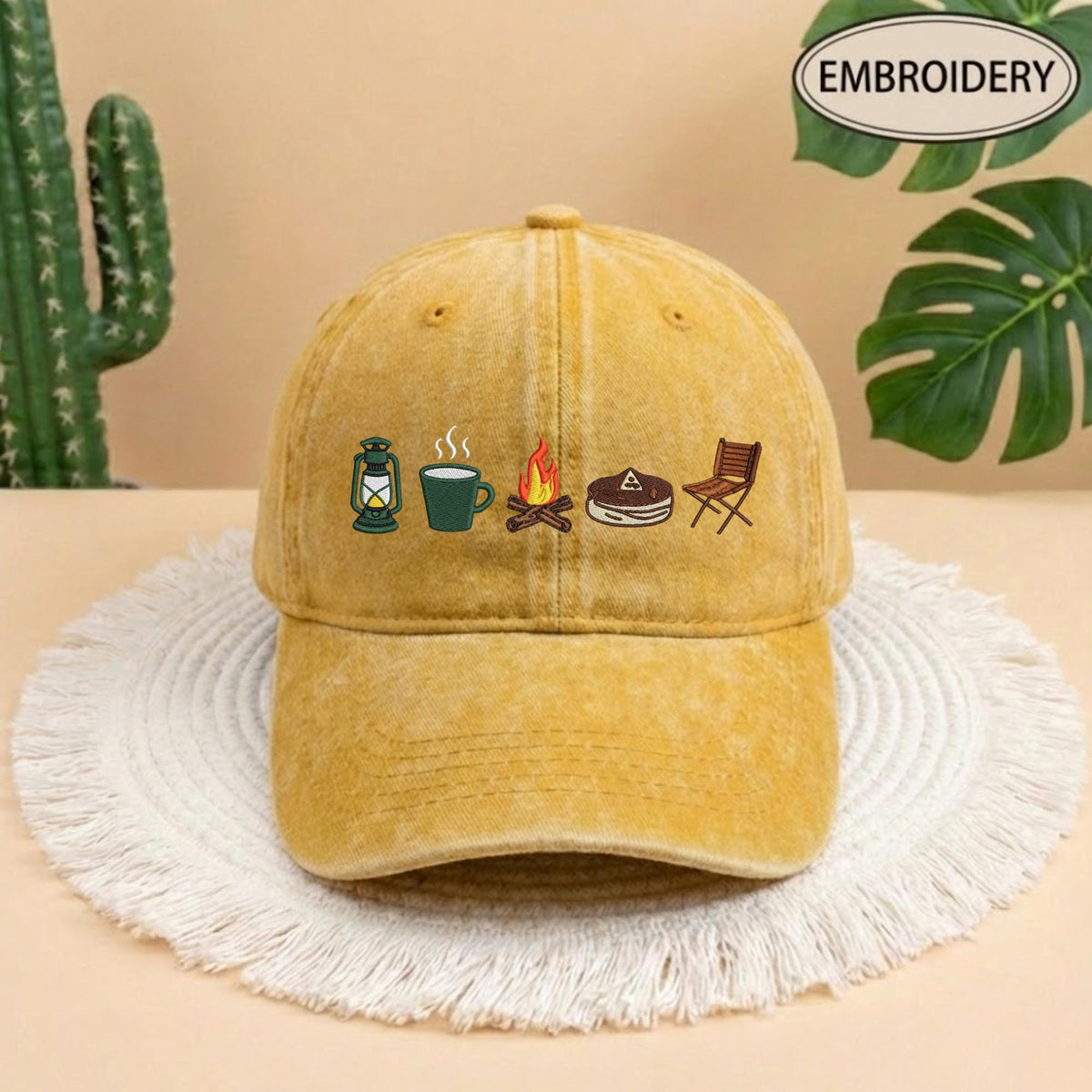 Camping Icon Embroidered Baseball Cap - Outdoor Mountain Wilderness Explorer Cotton Dad Hat