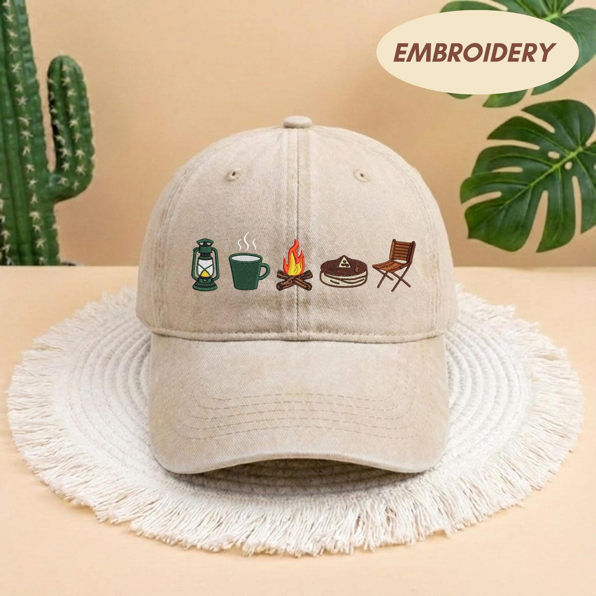 Camping Icon Embroidered Baseball Cap - Outdoor Mountain Wilderness Explorer Cotton Dad Hat