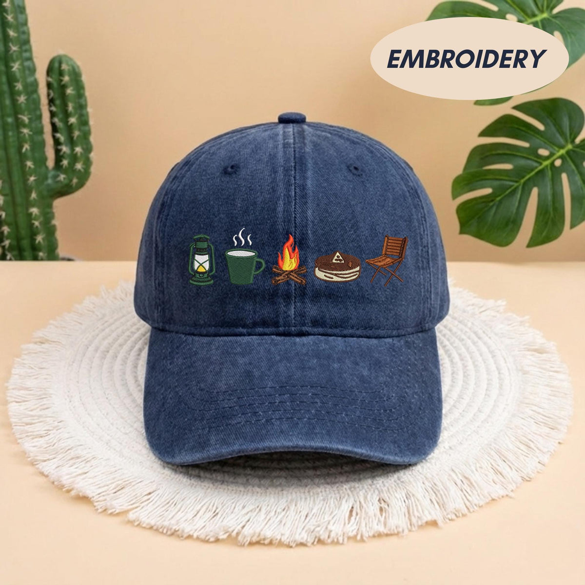 Camping Icon Embroidered Baseball Cap - Outdoor Mountain Wilderness Explorer Cotton Dad Hat
