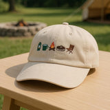 Camping Icon Embroidered Baseball Cap - Outdoor Mountain Wilderness Explorer Cotton Dad Hat