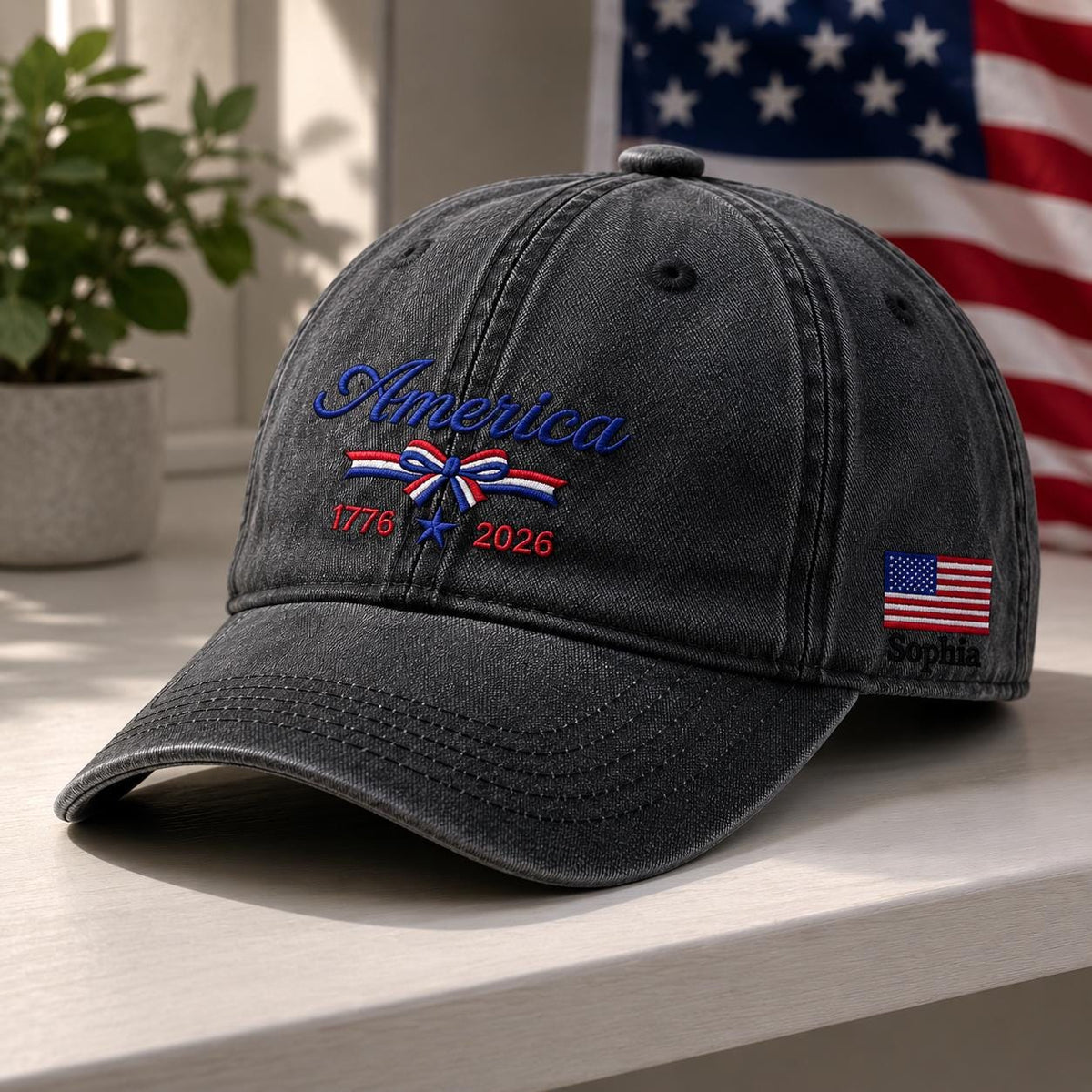 Patriotic Bow Embroidered Hat, Red White and Blue American Baseball Cap