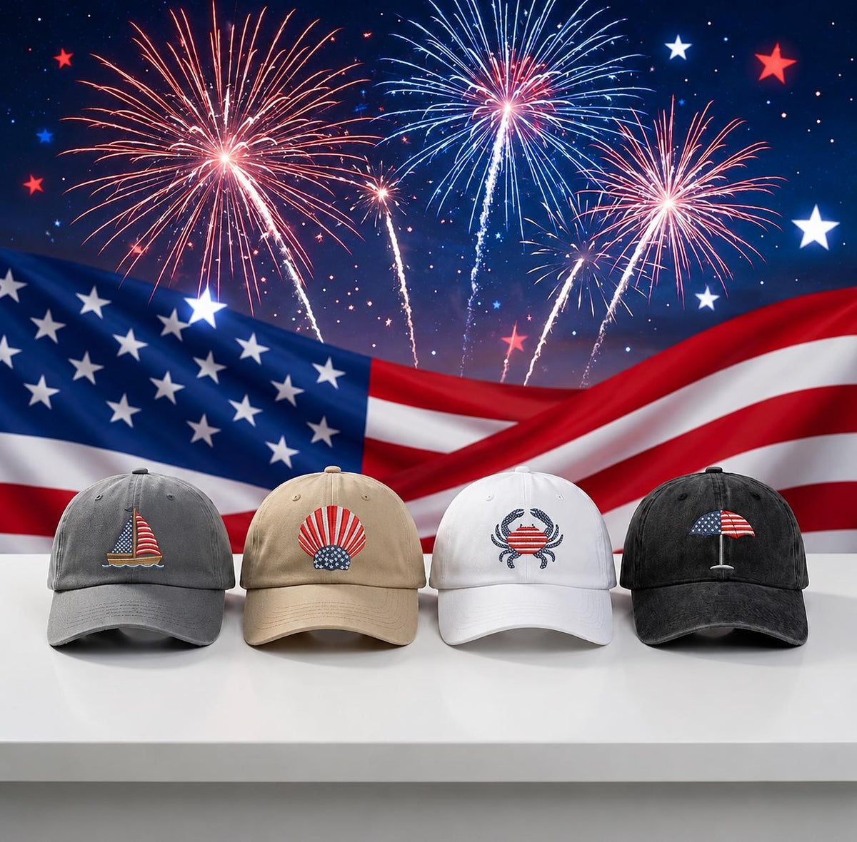 Coastal American Flag Embroidered Hat, Nautical Crab and Sailboat Baseball Cap