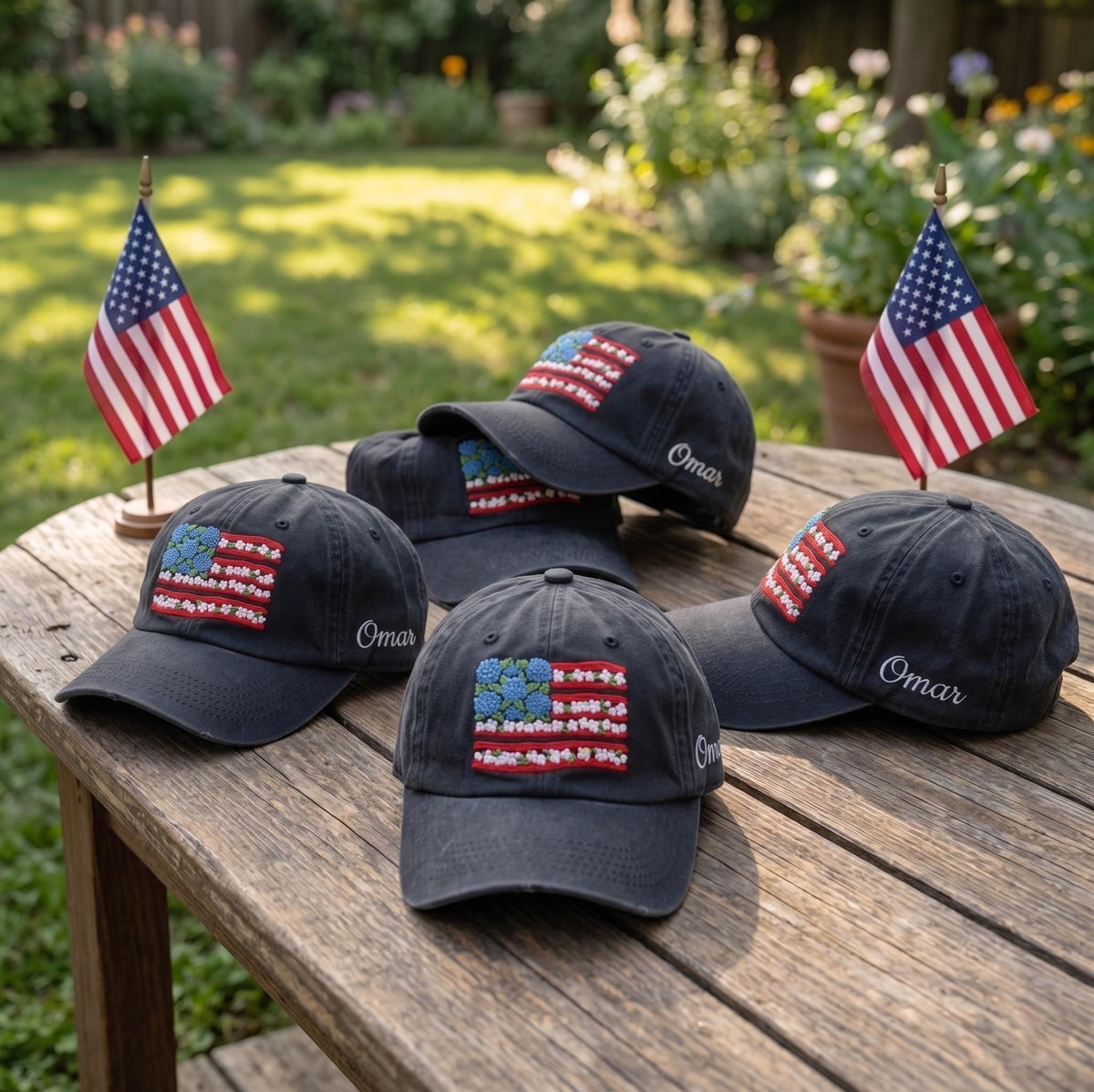 Custom Name Floral US Flag Hat | Personalized Embroidered Patriotic Flower Dad Cap | American Flag Family July 4th Matching Group Gifts