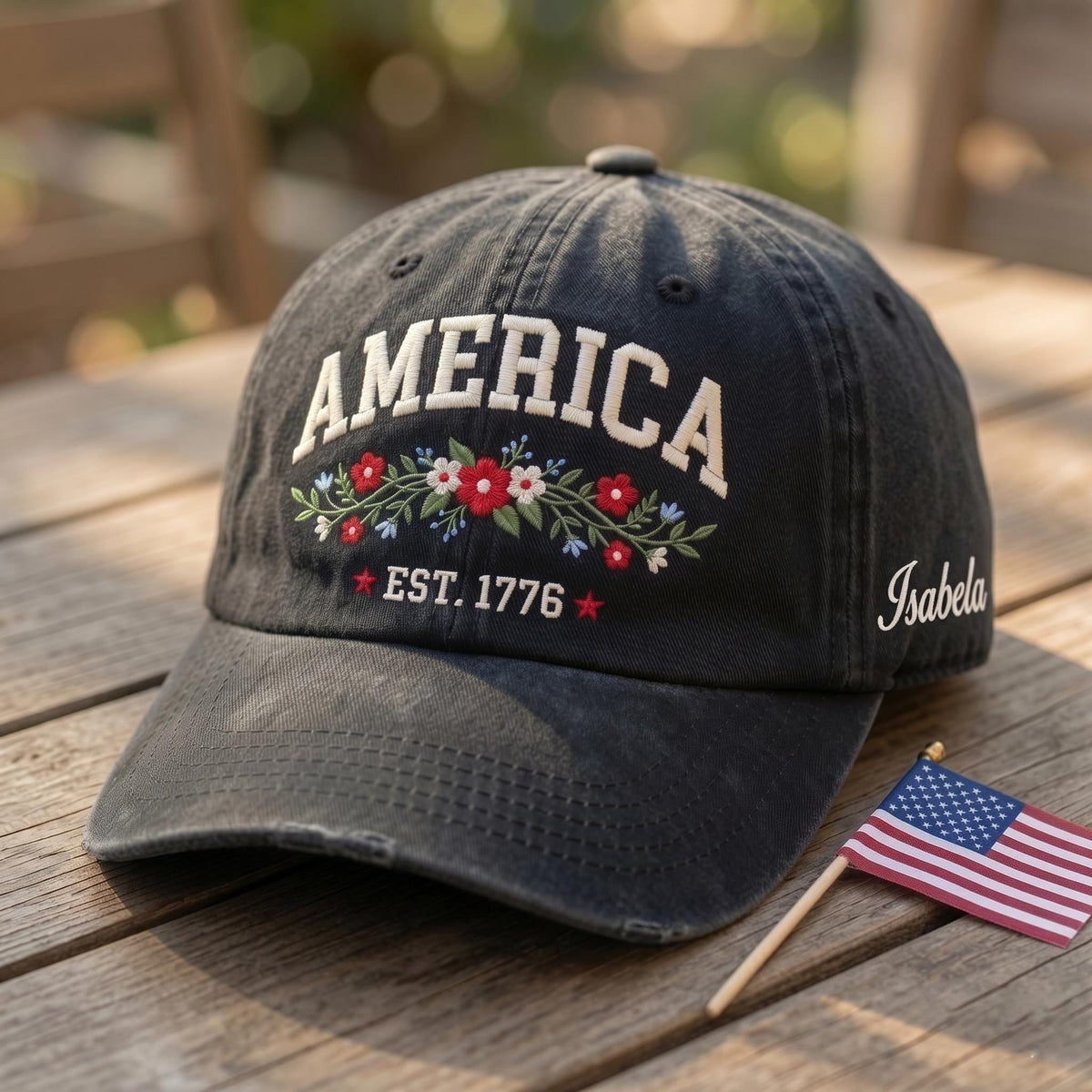 Custom America Floral 1776 Embroidered Baseball Cap - Patriotic Flower 4th of July Cotton Dad Hat