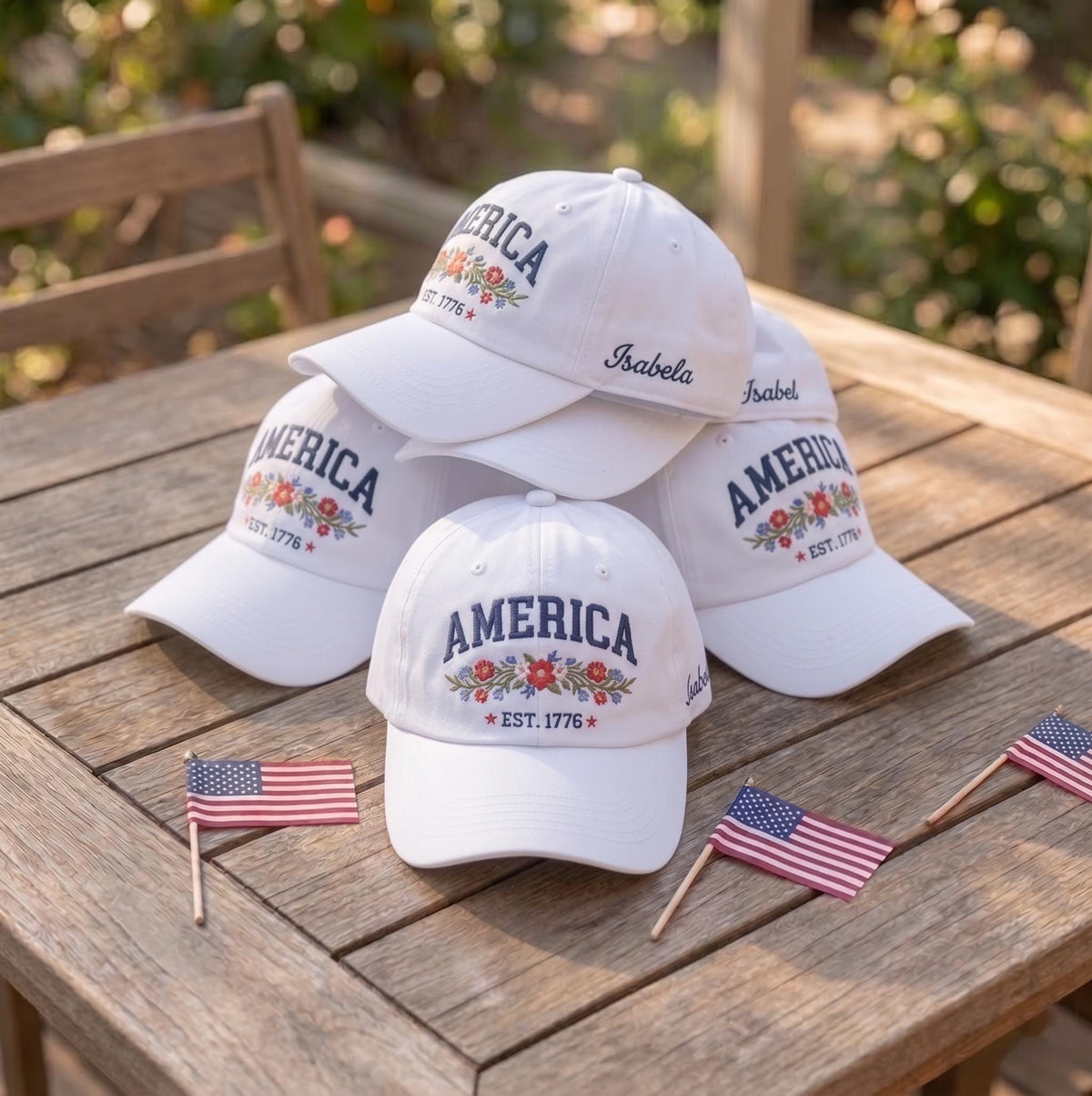 Custom America Floral 1776 Embroidered Baseball Cap - Patriotic Flower 4th of July Cotton Dad Hat