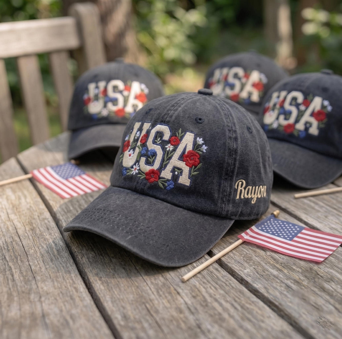 Custom Name USA Hat, Floral Patriotic Cap, Embroidered 4th of July United States Baseball Hat, Vintage Custom Text Group Dad Cap