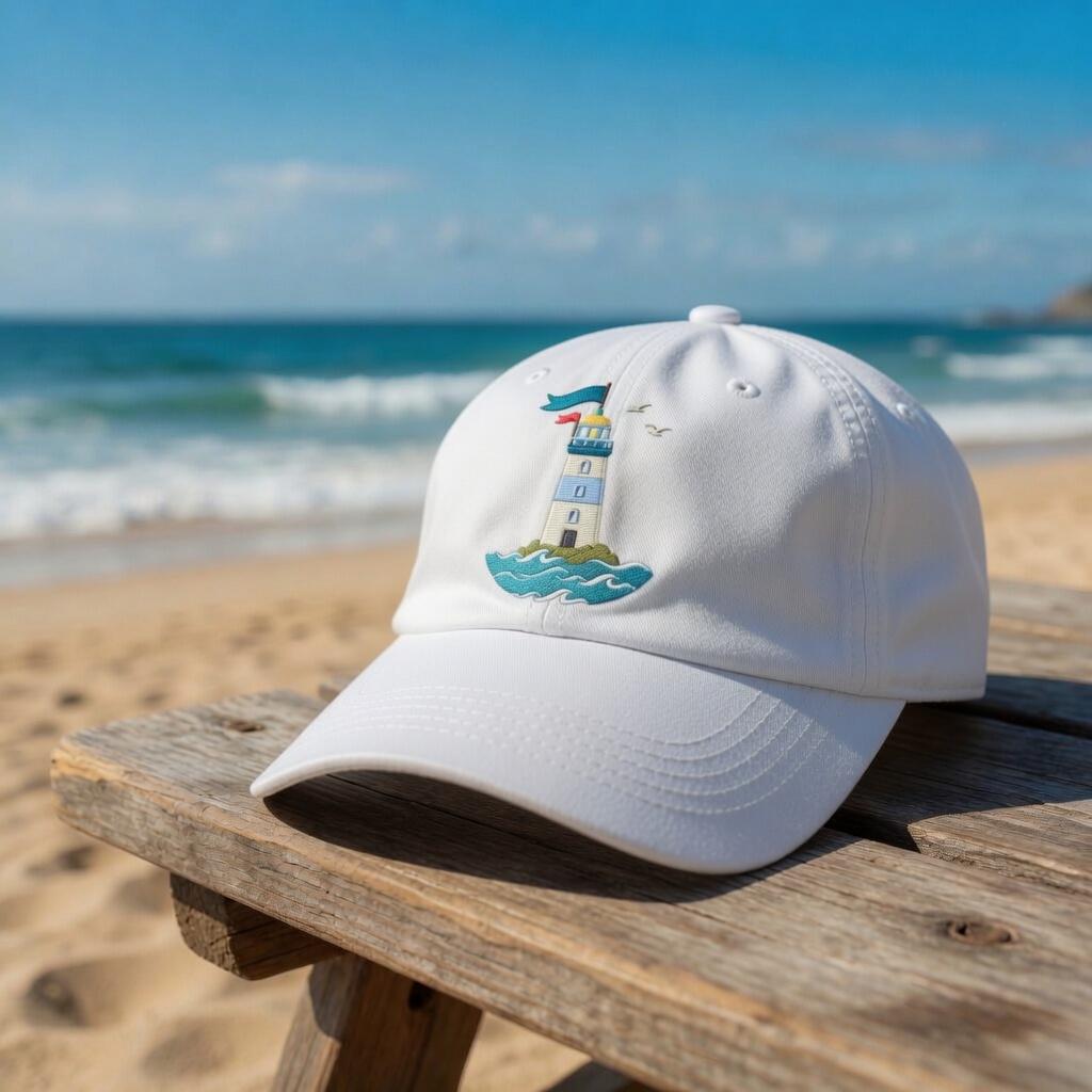 Custom Beach Hat, Embroidered Sailboat Lighthouse White Dad Cap, Personalized Palm Tree Vacation Gift, Retro Nautical Summer Baseball Hat