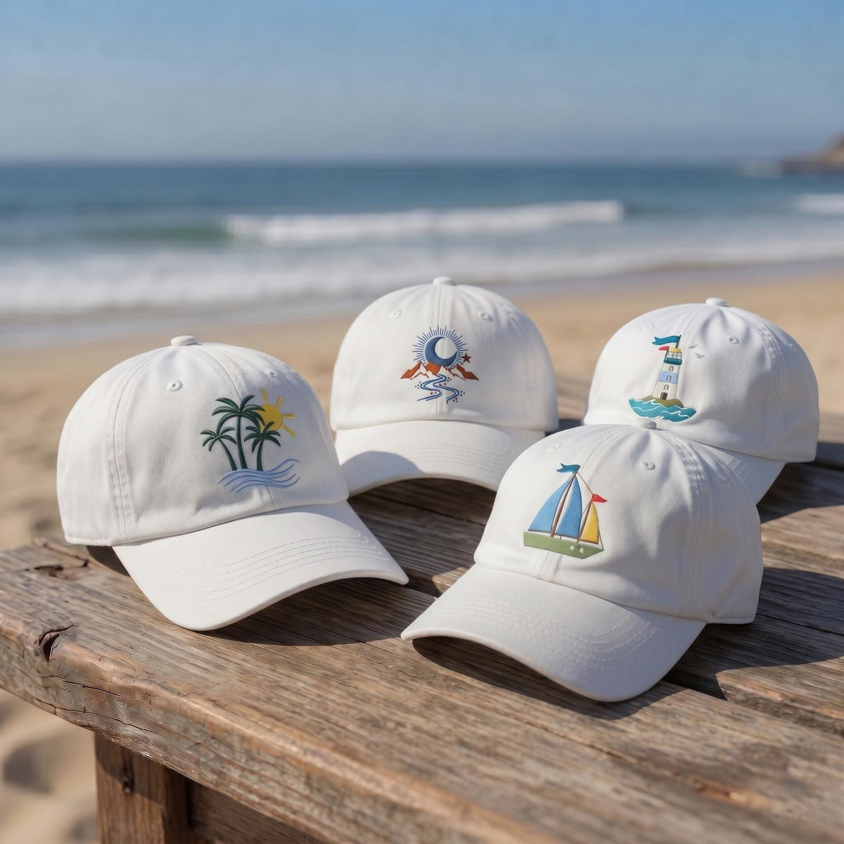 Custom Beach Hat, Embroidered Sailboat Lighthouse White Dad Cap, Personalized Palm Tree Vacation Gift, Retro Nautical Summer Baseball Hat