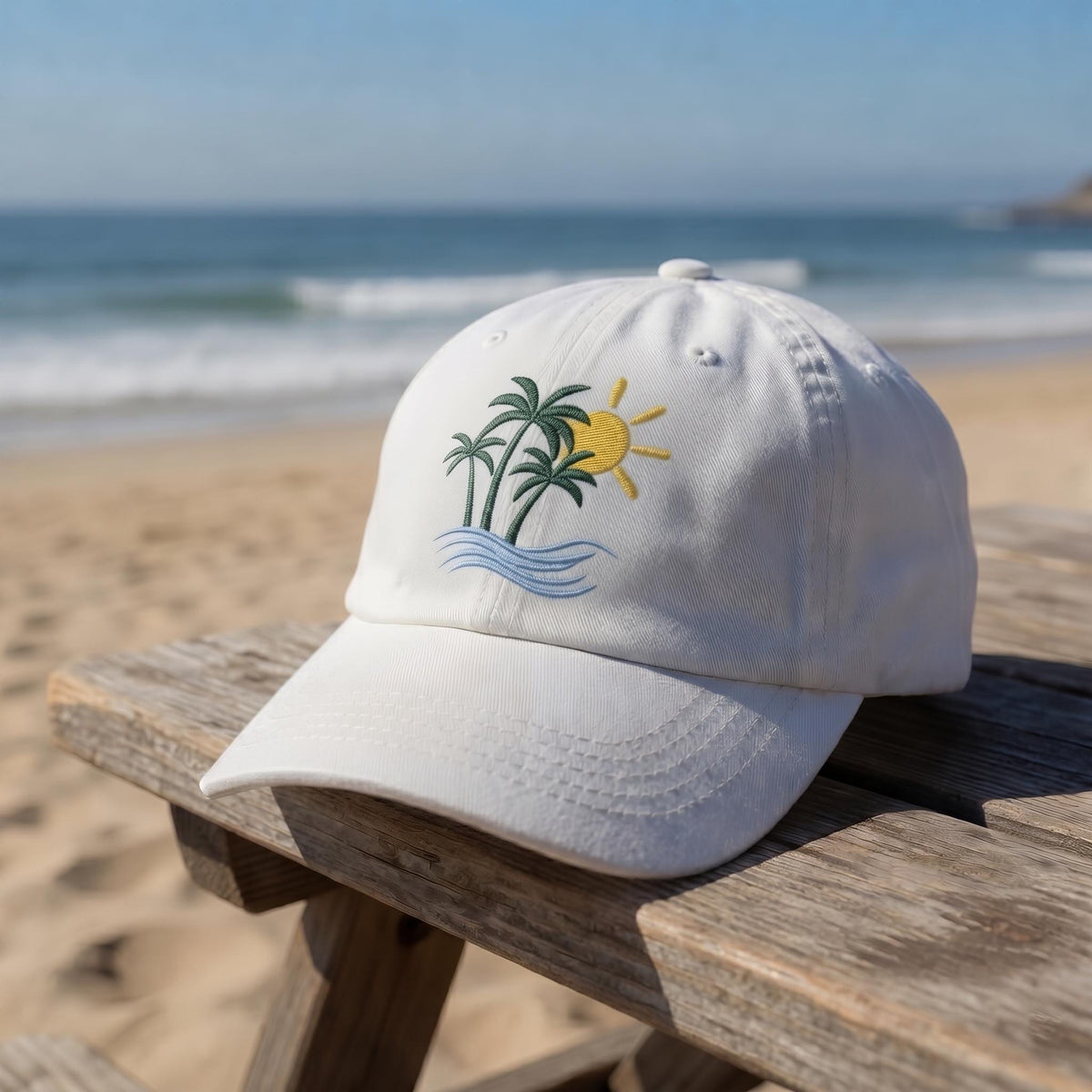 Custom Beach Hat, Embroidered Sailboat Lighthouse White Dad Cap, Personalized Palm Tree Vacation Gift, Retro Nautical Summer Baseball Hat