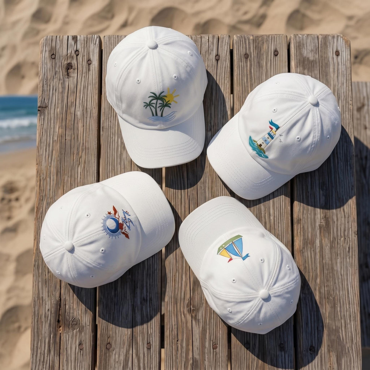 Custom Beach Hat, Embroidered Sailboat Lighthouse White Dad Cap, Personalized Palm Tree Vacation Gift, Retro Nautical Summer Baseball Hat