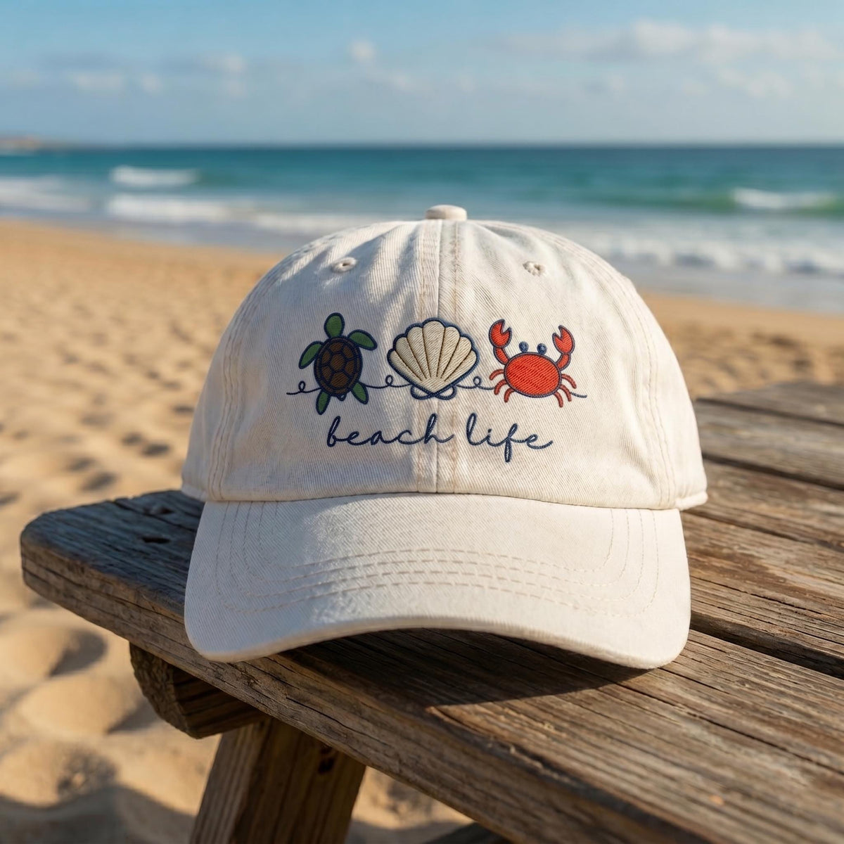 Custom Beach Life Hat, Vintage Sea Turtle Crab Embroidered Cream Dad Cap, Personalized Seashell Vacation Gift, Retro Coastal Baseball Hat
