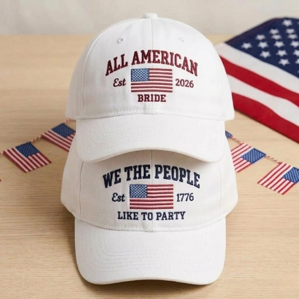 All American Bride We The People Embroidered Hat - Patriotic Bachelorette Wedding Cotton Dad Cap