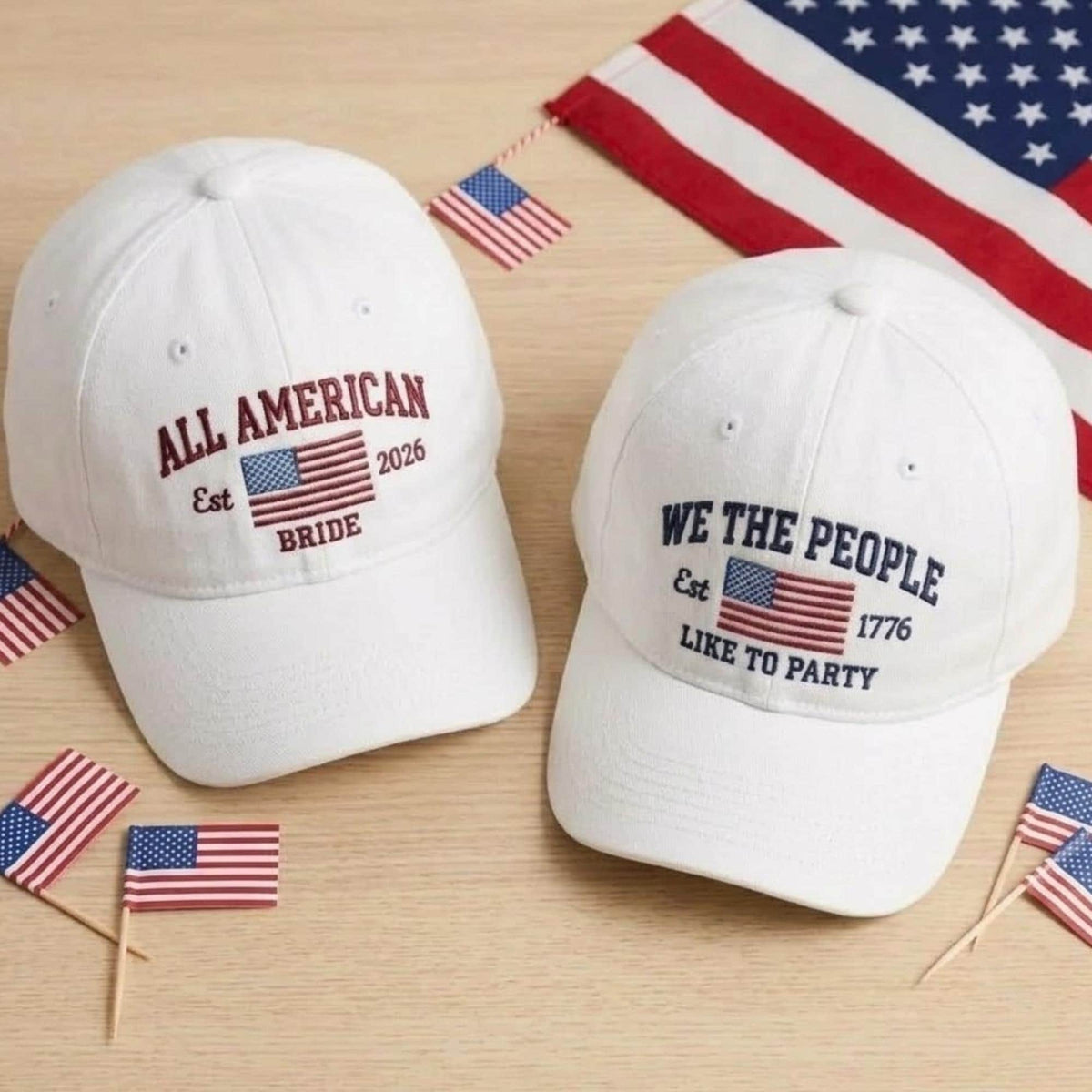 All American Bride We The People Embroidered Hat - Patriotic Bachelorette Wedding Cotton Dad Cap