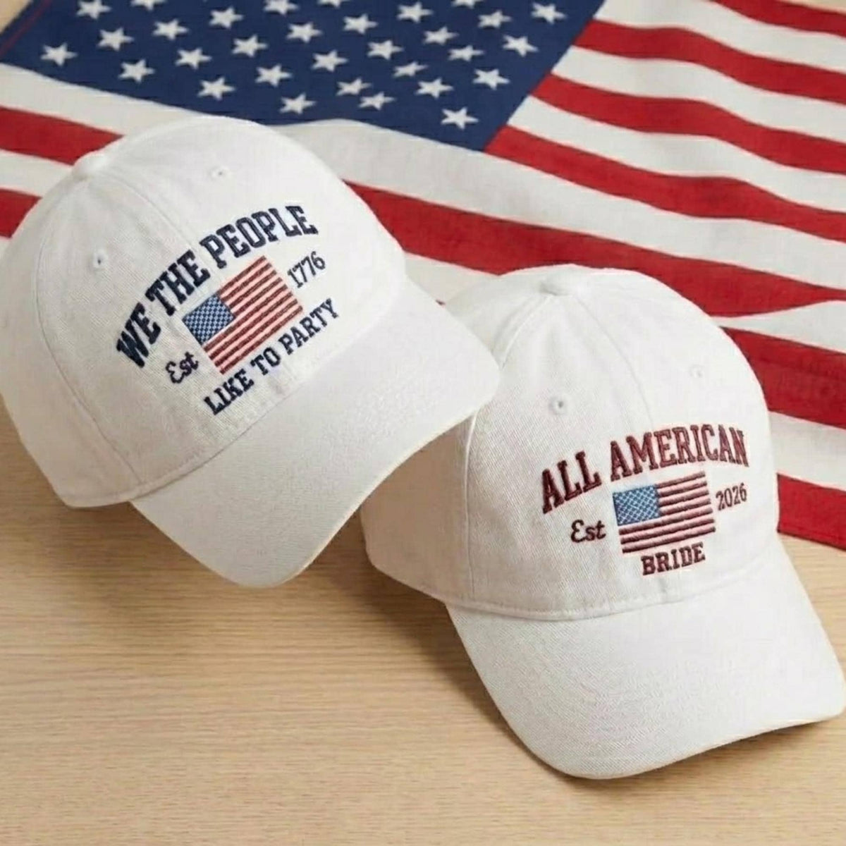 All American Bride We The People Embroidered Hat - Patriotic Bachelorette Wedding Cotton Dad Cap