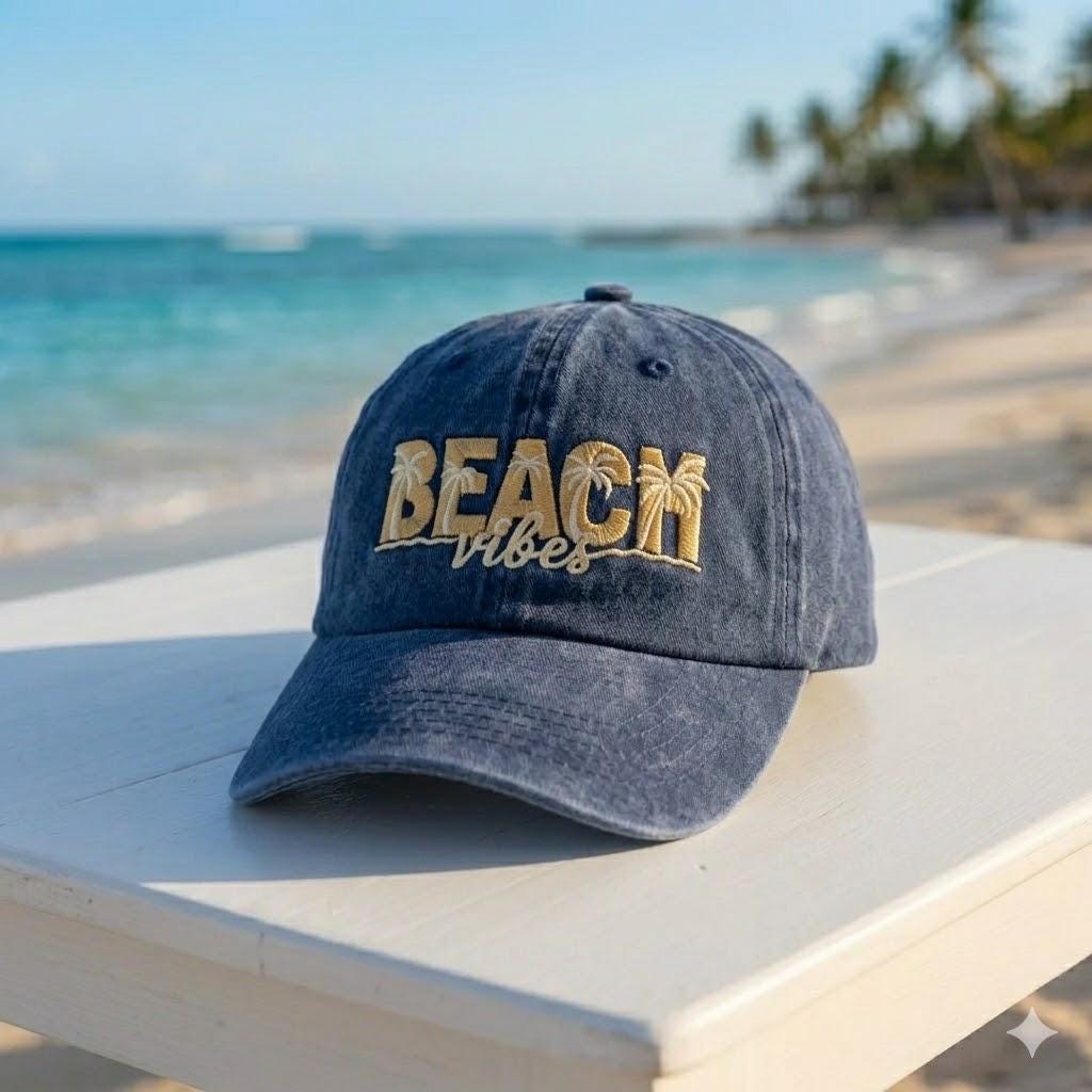Beach Vibes Embroidered Baseball Cap - Tropical Palm Tree Summer Vacation Cotton Dad Hat