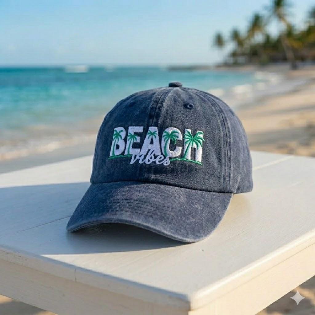 Beach Vibes Embroidered Baseball Cap - Tropical Palm Tree Summer Vacation Cotton Dad Hat