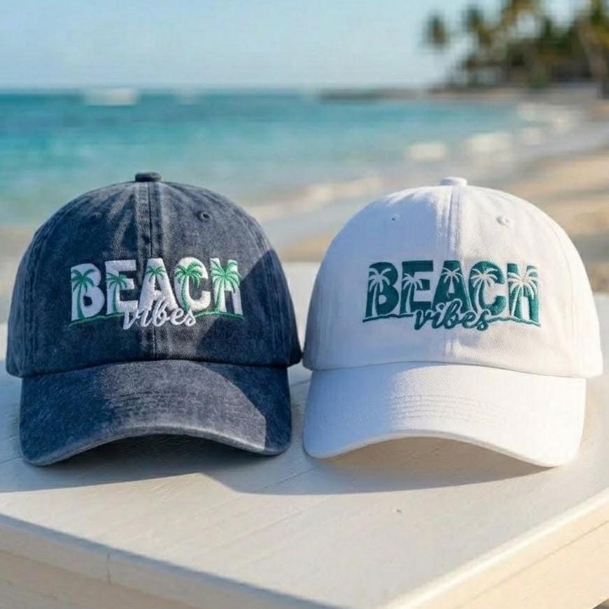 Beach Vibes Embroidered Baseball Cap - Tropical Palm Tree Summer Vacation Cotton Dad Hat