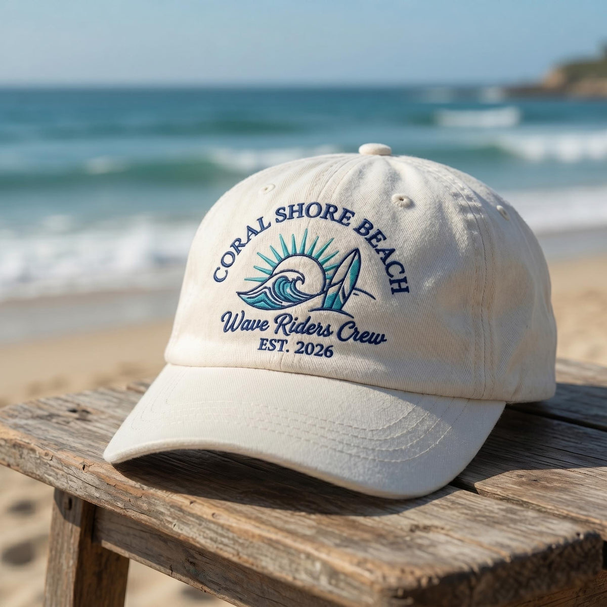 Custom Beach Hat, Embroidered Wave Riders Crew Dad Cap, Personalized Surfing Baseball Hat, Ocean Summer Family Vacation 2026 Gift