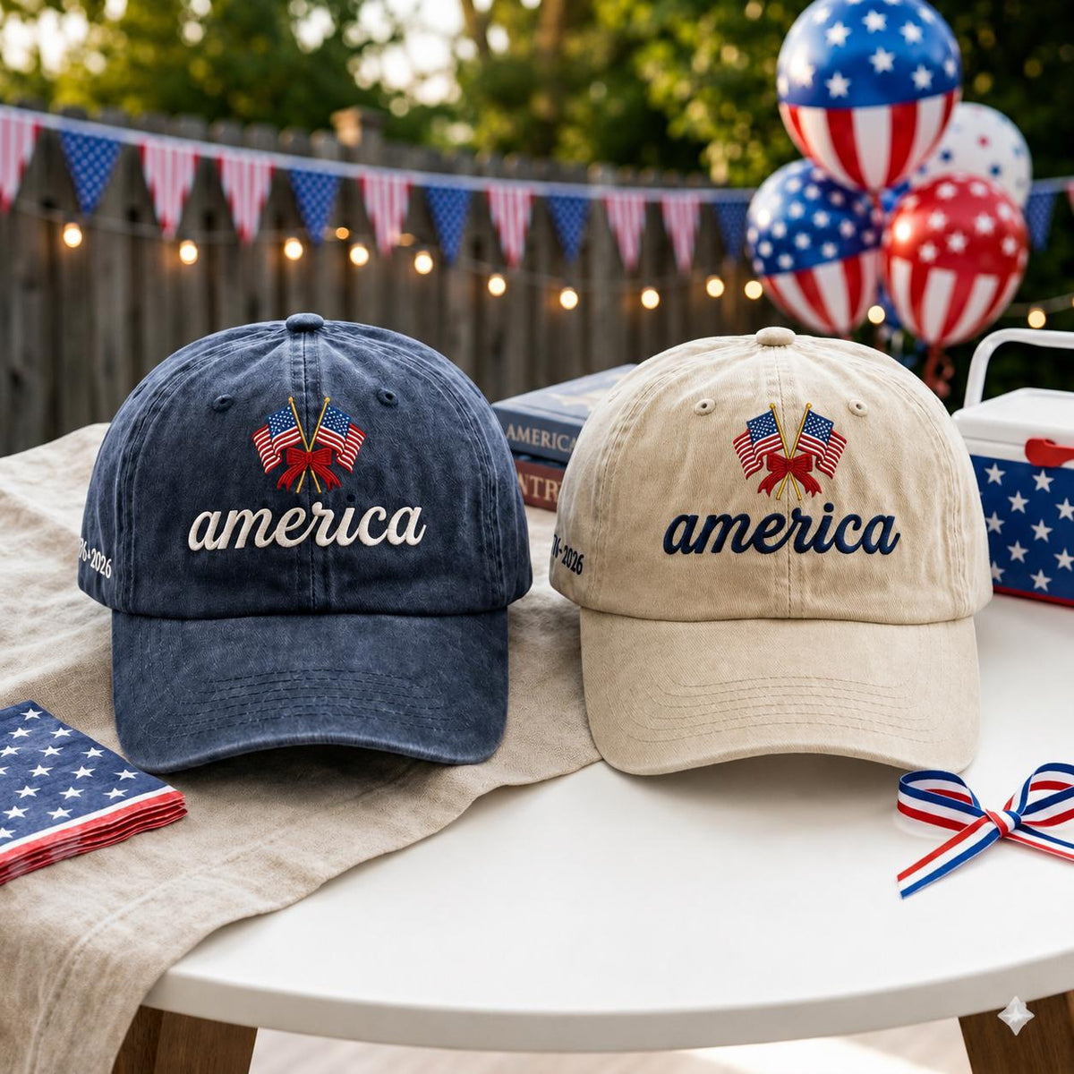 1776-2026 American Anniversary Embroidered Hat, Vintage Washed Patriotic Baseball Cap