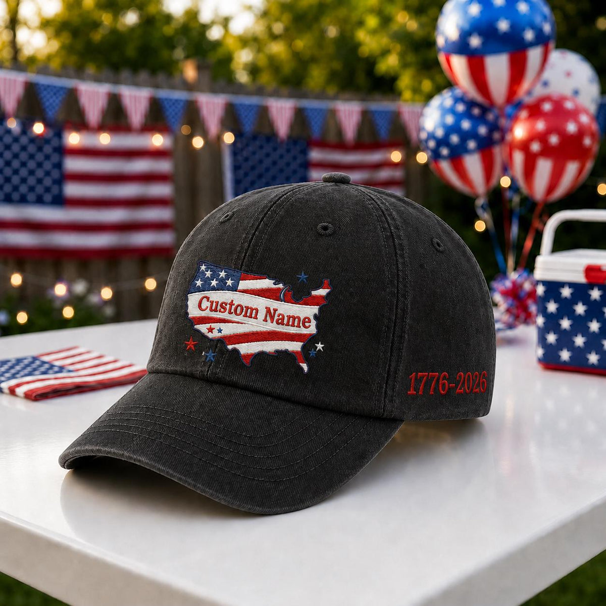 Personalized USA State Map Embroidered Hat, Custom Patriotic Baseball Cap