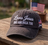 Custom Name Jesus America Hat, Loves Jesus And America Too Cap, Personalized Christian Patriotic Gift, 4th of July Washed Denim Hat