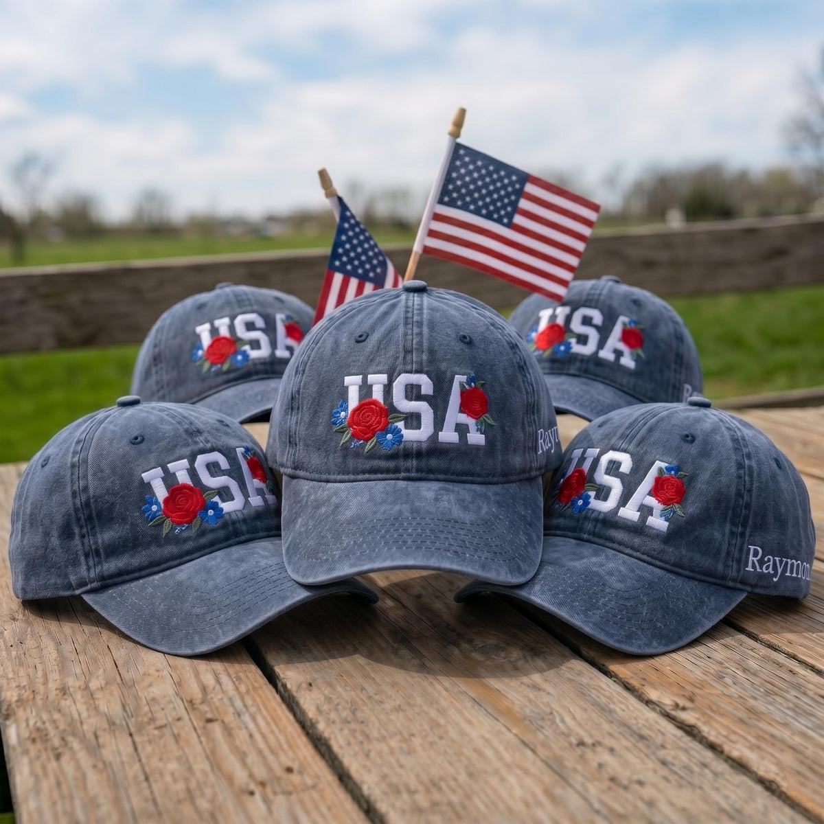 Custom Name USA Hat, Embroidered Floral USA Cap, Personalized Fourth of July Gift, Washed Patriotic Baseball Hat, 4th of July Cap