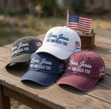 Custom Name Jesus America Hat, Loves Jesus And America Too Cap, Personalized Christian Patriotic Gift, 4th of July Washed Denim Hat