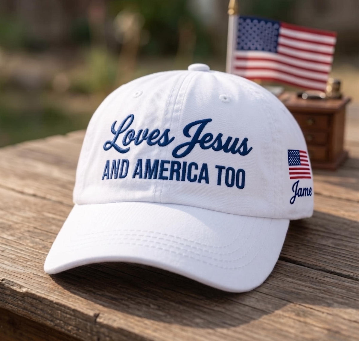 Custom Name Jesus America Hat, Loves Jesus And America Too Cap, Personalized Christian Patriotic Gift, 4th of July Washed Denim Hat