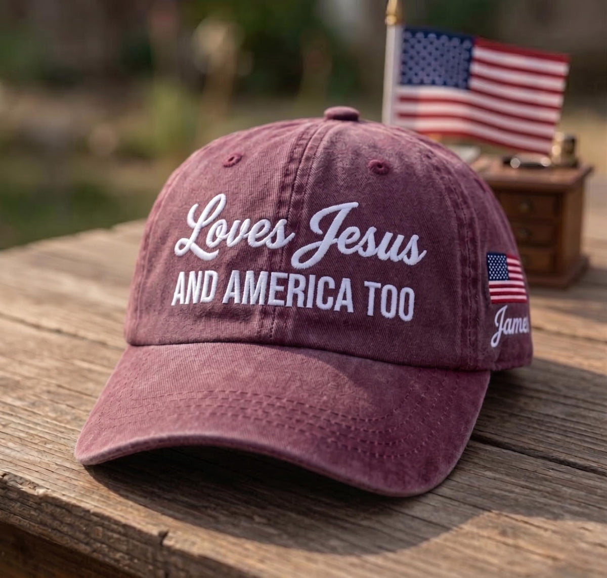 Custom Name Jesus America Hat, Loves Jesus And America Too Cap, Personalized Christian Patriotic Gift, 4th of July Washed Denim Hat