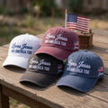 Custom Name Jesus America Hat, Loves Jesus And America Too Cap, Personalized Christian Patriotic Gift, 4th of July Washed Denim Hat