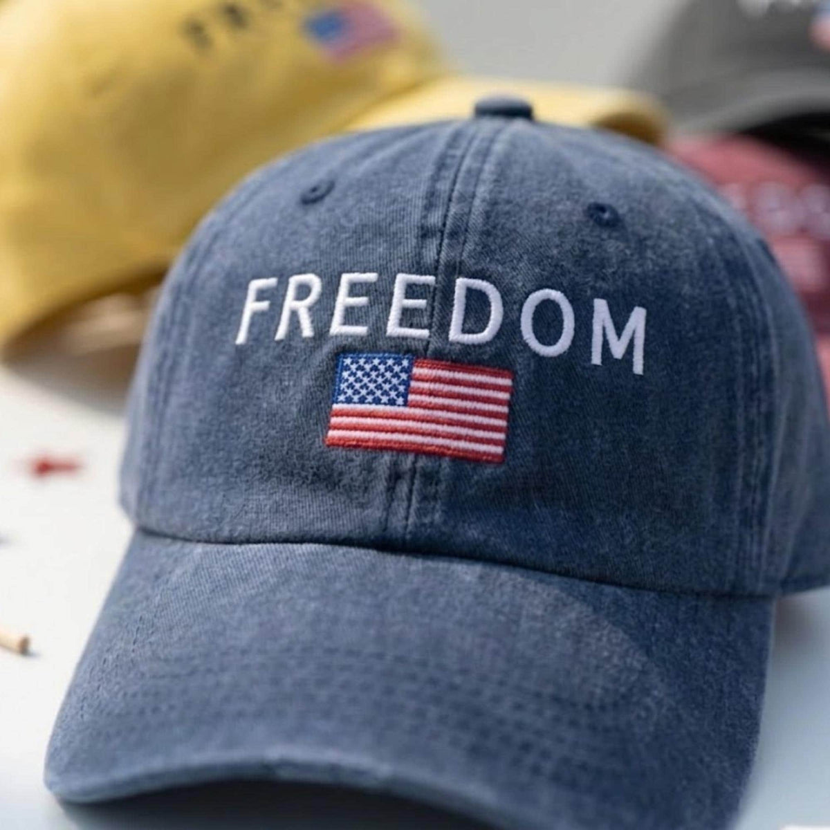 American Freedom Flag Embroidered Hat, Vintage Washed Cotton Baseball Cap, Independence Day Gift