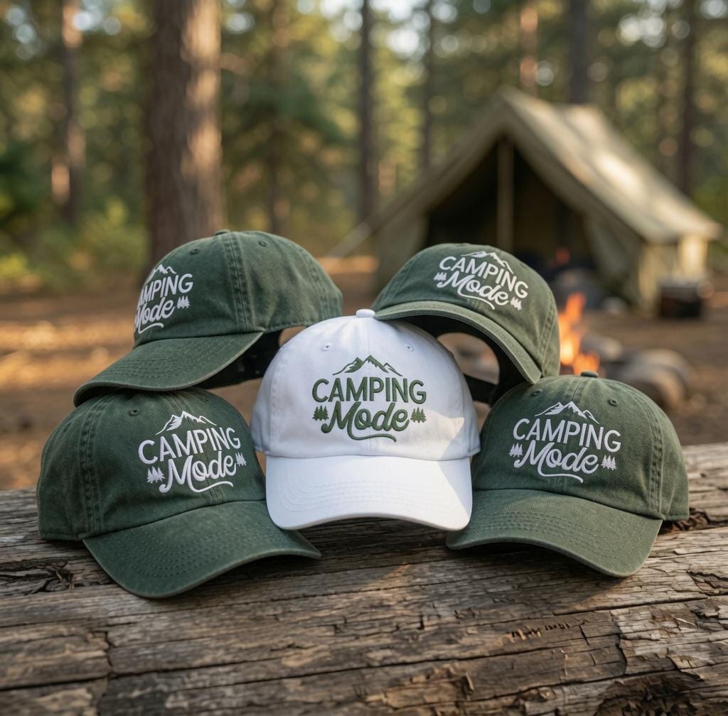 Custom Camping Mode Hat, Embroidered Mountain Dad Hat, Personalized Nature Lover Gift, Vintage Washed Hiking Baseball Cap, Camp Trip